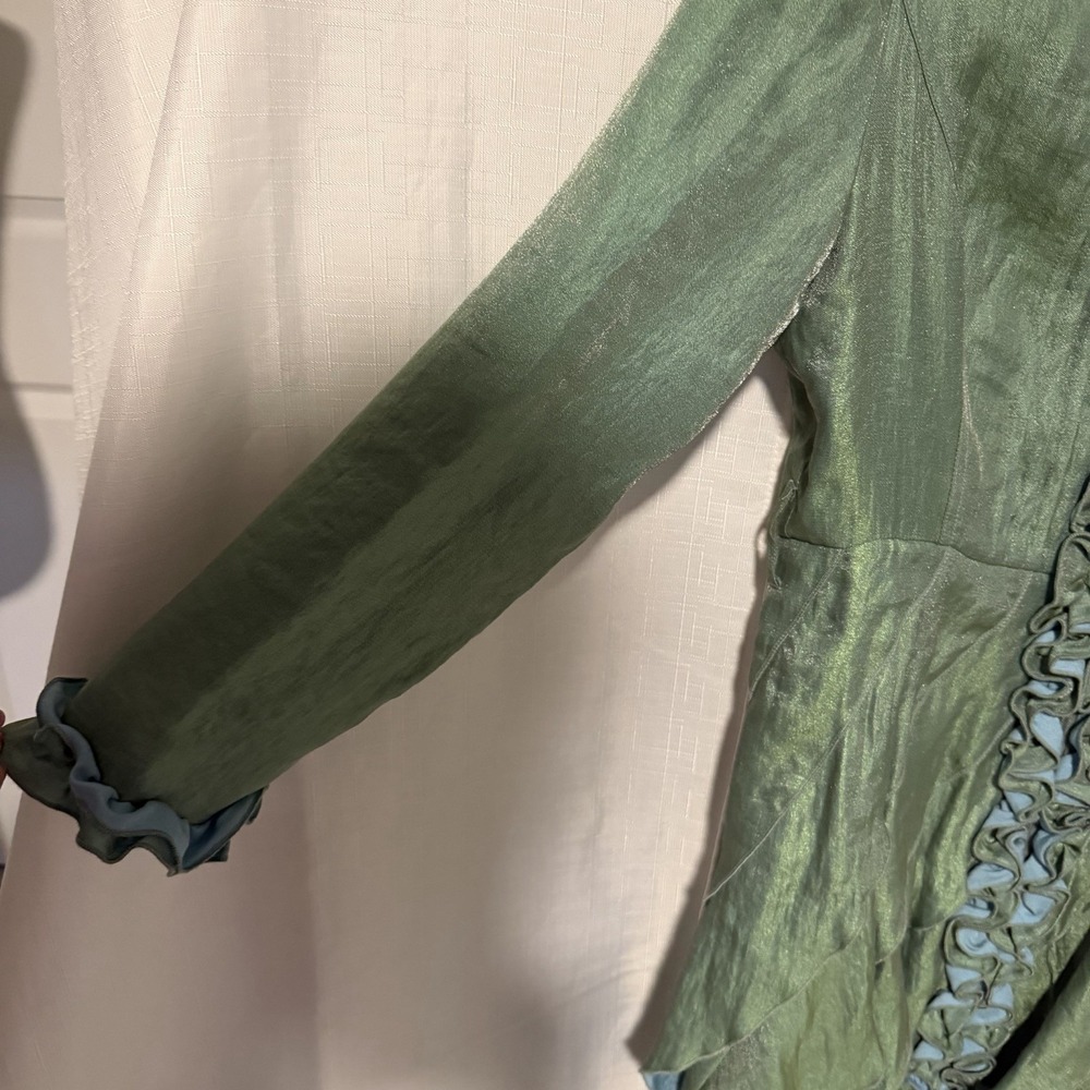 Samuel Dong Green Lagenlook Jacket Coat Dress Ruffle Trim Taffeta Avant Garde Sm - Picture 4 of 10